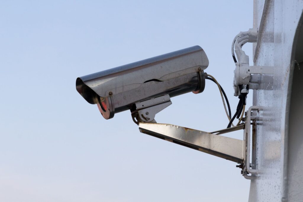 Outdoor home security surveillance camera mounted on the exterior of a Harford County, Maryland home